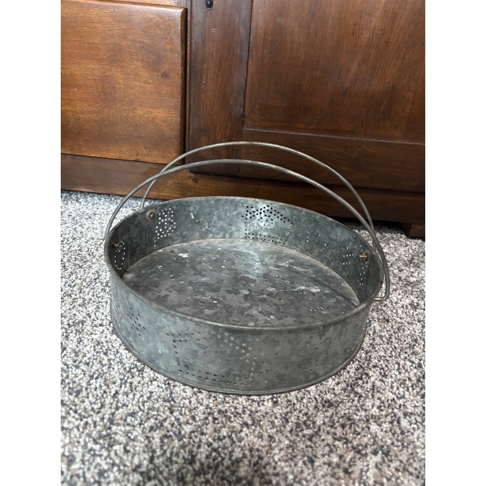Rustic Galvanized Metal Punched Tin Tray with Handles Farmhouse Decor Round 11in